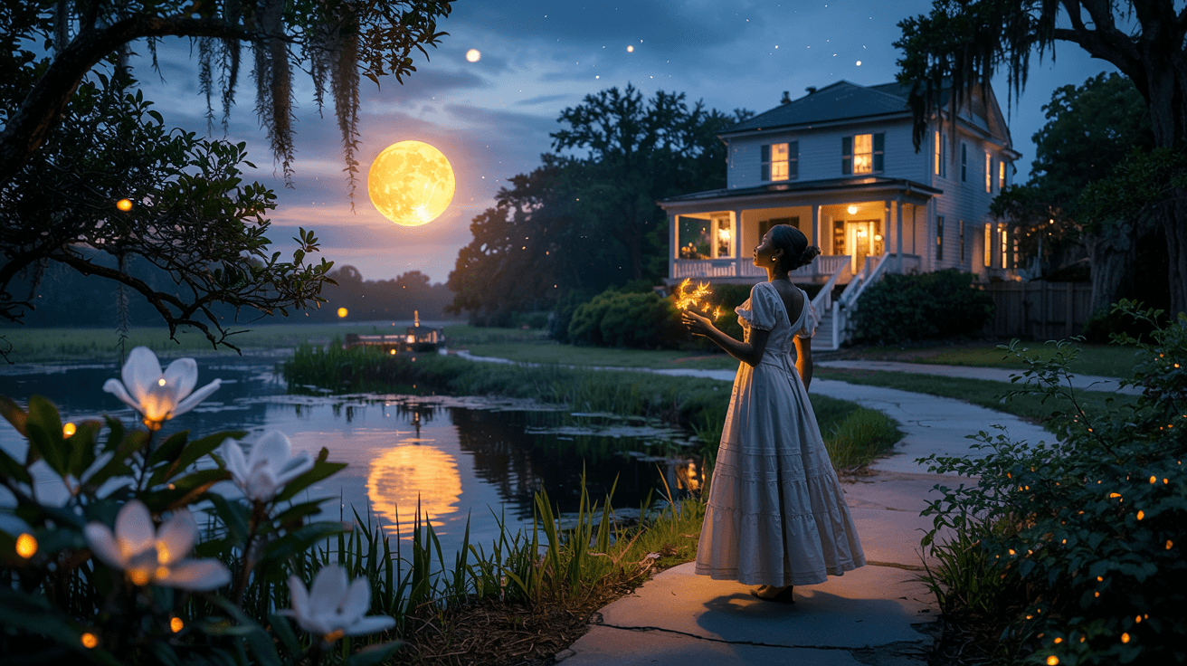 Dream art — digital painting, riverwalk lantern path
